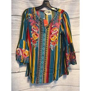NWT Savanna Jane Boho Chic Bell Sleeve Stripe Embroidered Floral Top Size S